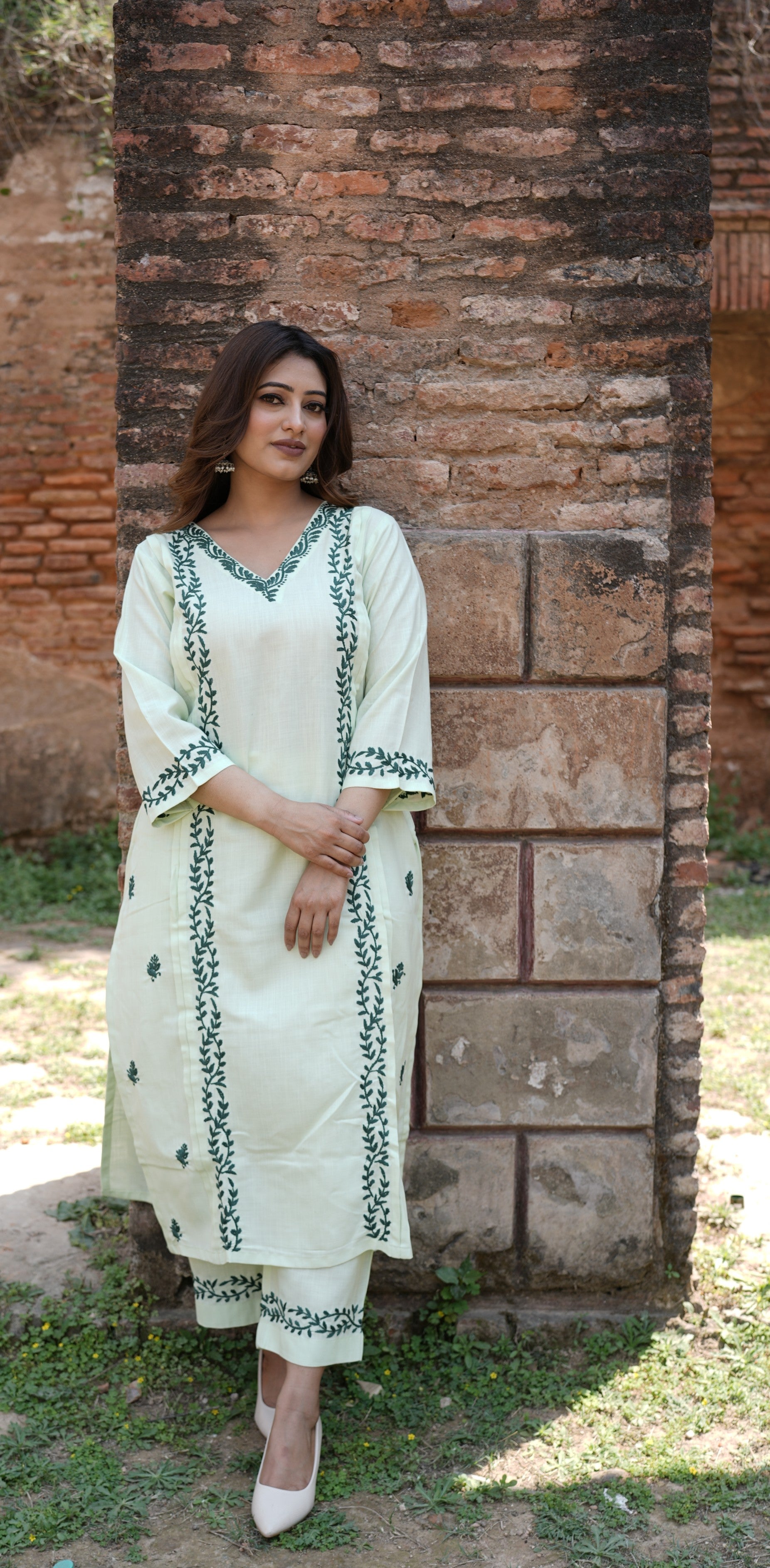 Linen Chikankari Co-ord Set - Sea Green