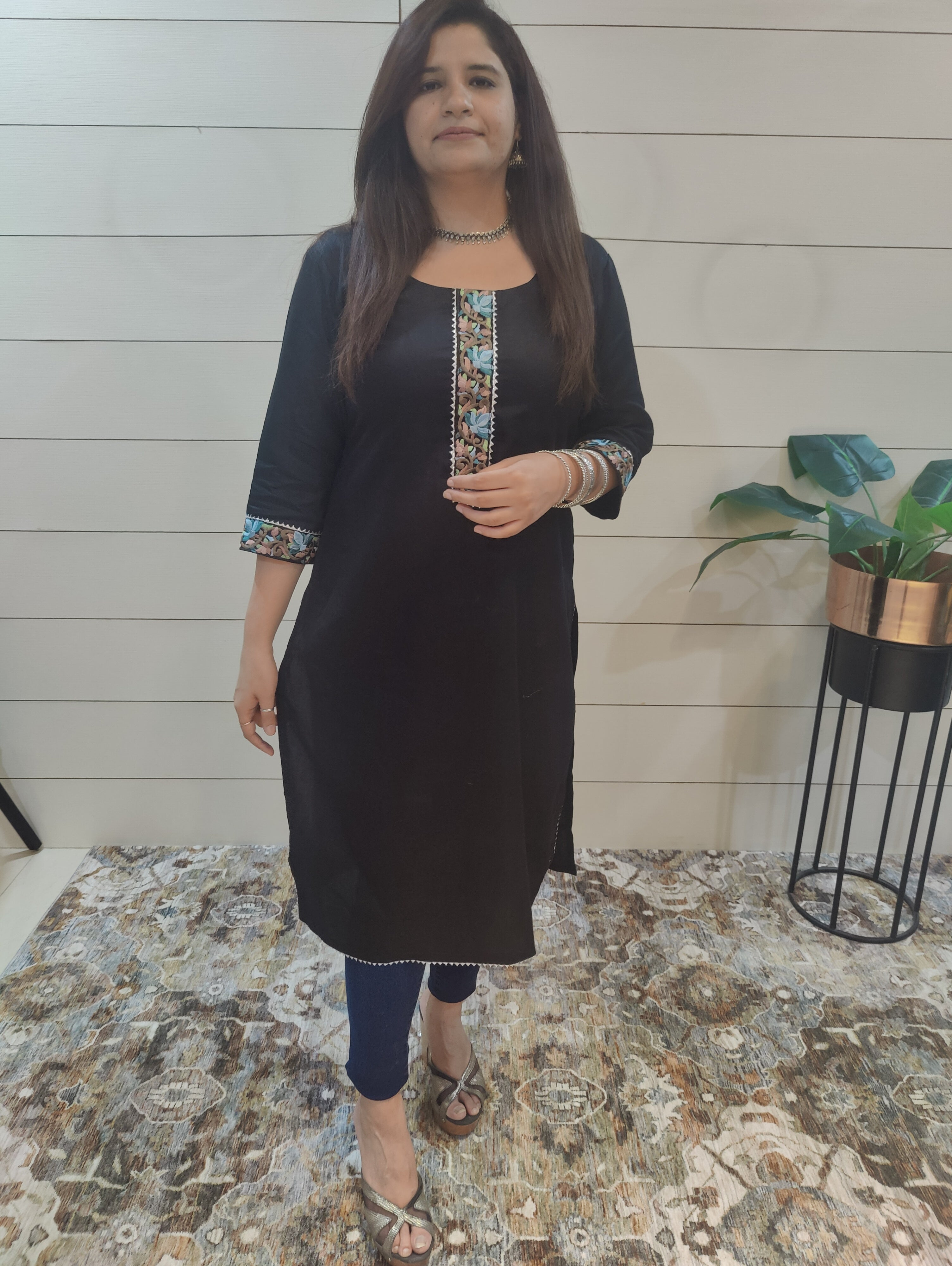 Black Cotton Silk Solid Straight Side Slit Long Kurta