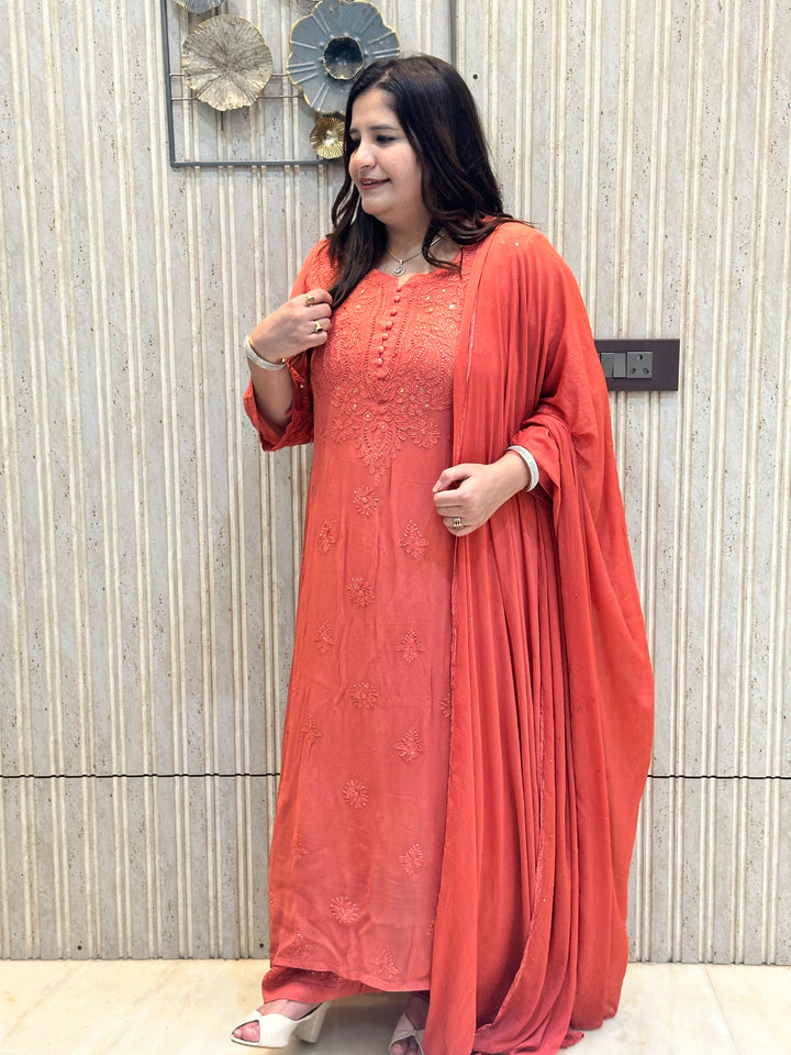 Rust Chikankari Georgette Suit Set-Custom Made