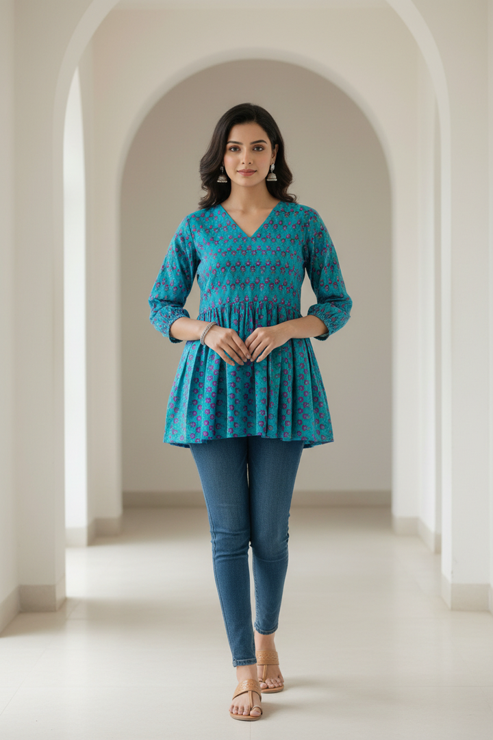 Blue Printed Cotton Short kurta