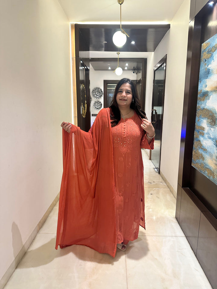 Rust Chikankari Georgette Suit Set-Custom Made