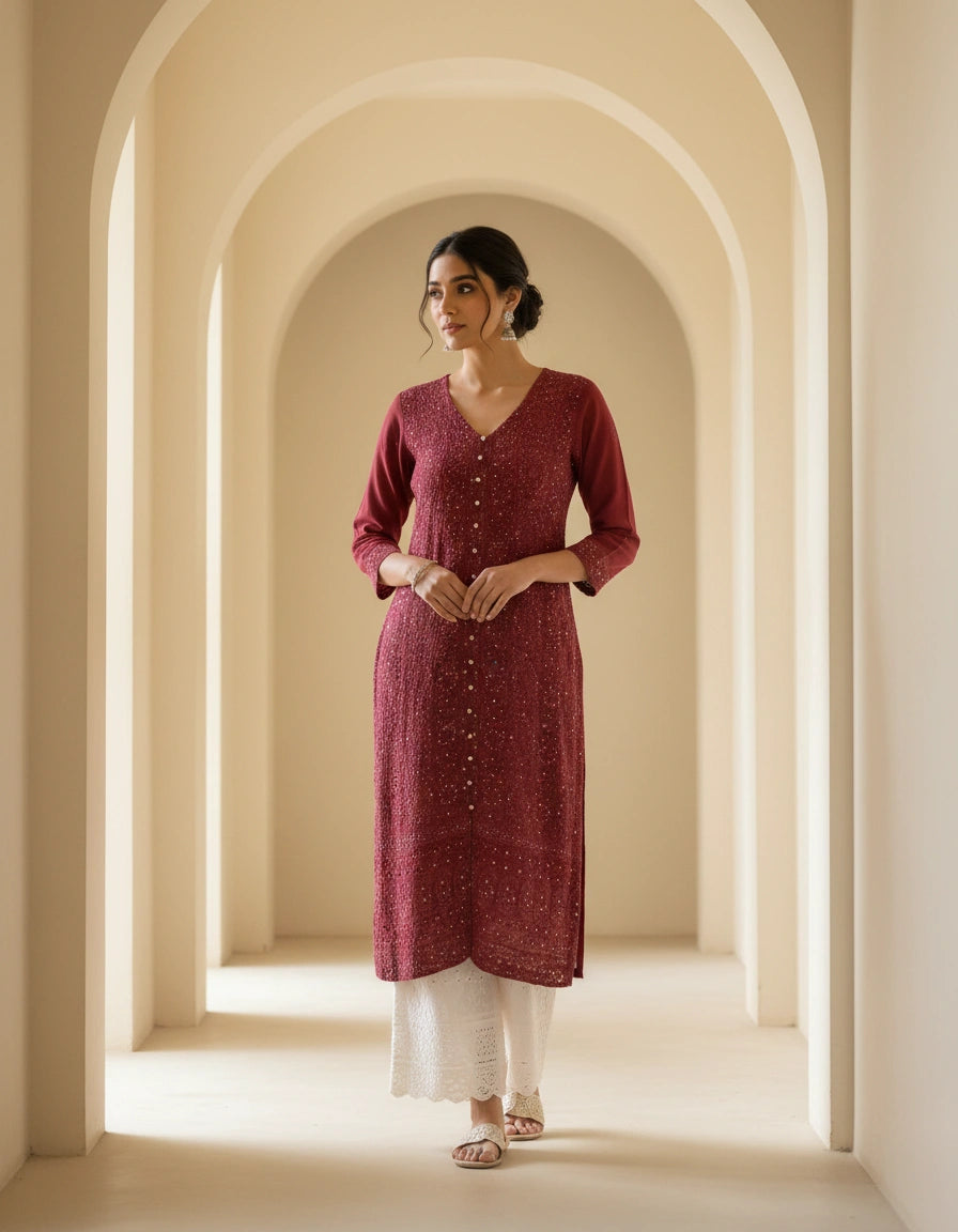 Maroon Pure Georgette Chikankari kurta