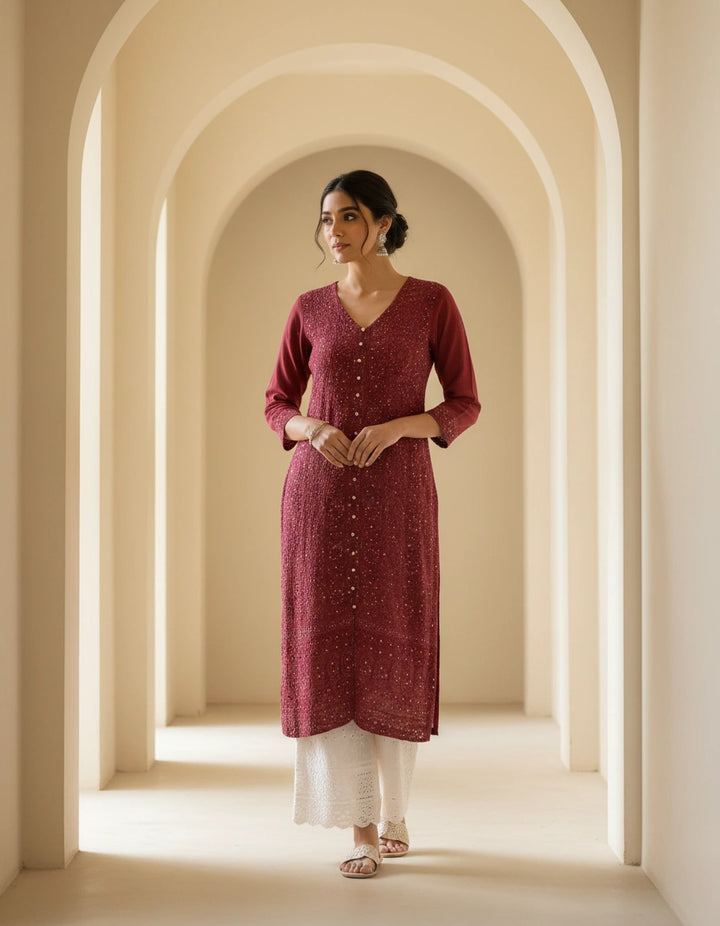 Maroon Pure Georgette Chikankari kurta