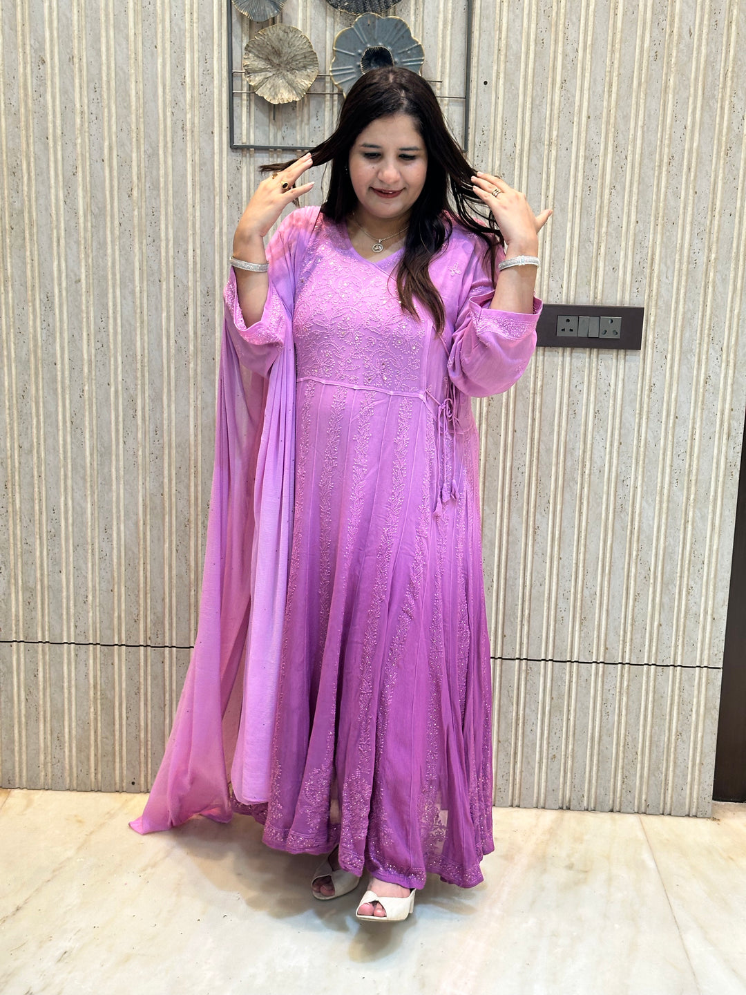 Mouve Ombre Chikankari Georgette Anarkali Set-Custom Made