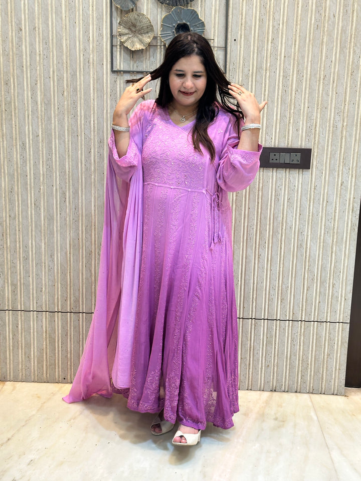 Mouve Ombre Chikankari Georgette Anarkali Set-Custom Made