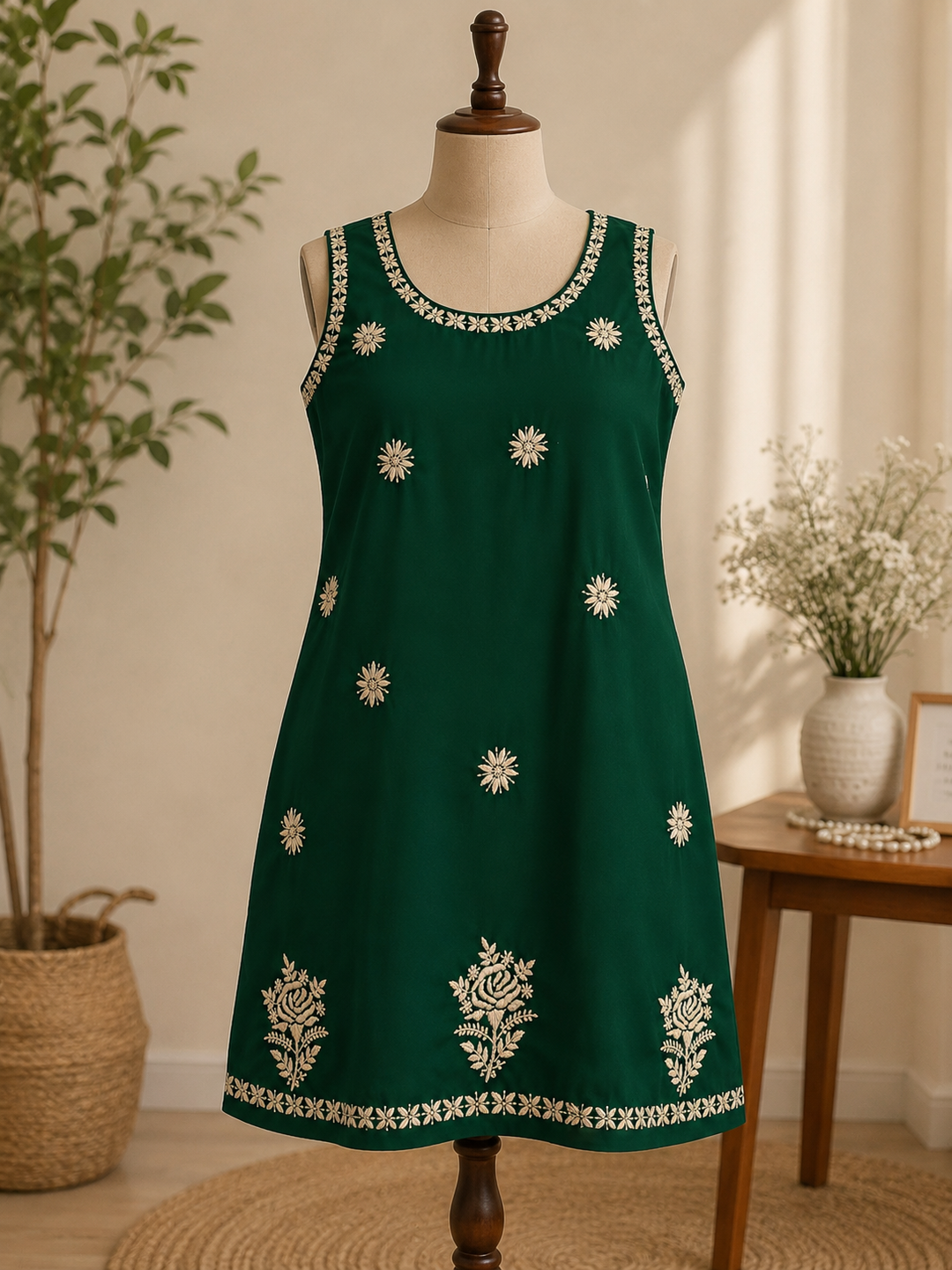 Dark Green rayon Chikankari short kurta