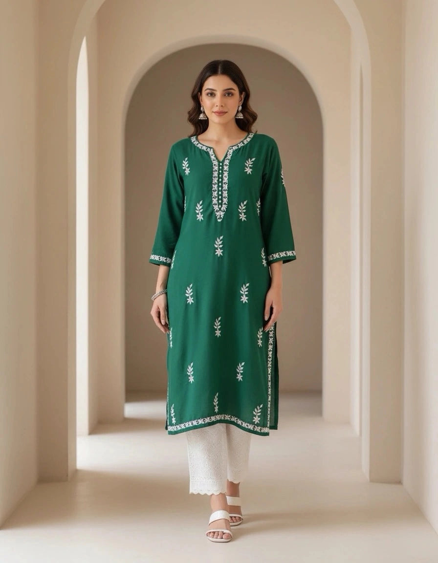 Dark Green Rayon Chikankari Short Kurta