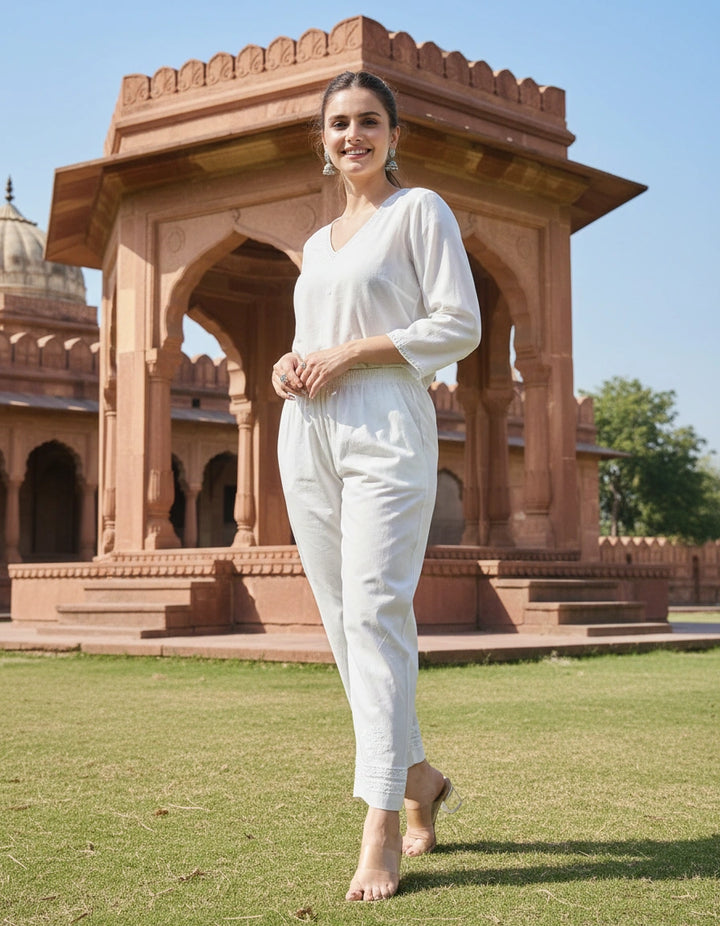 White Stretchable Cotton Chikankari Pant-Custom Made