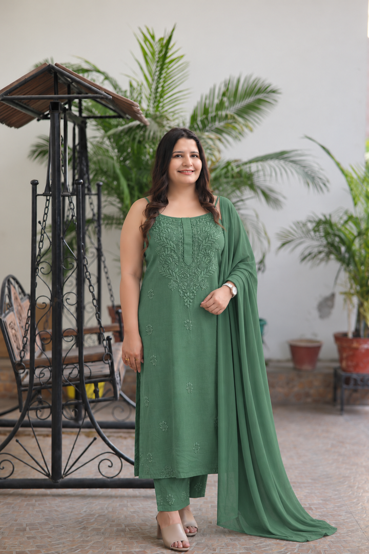 Green Rayon Noodle strap Suit Set-Custom Made