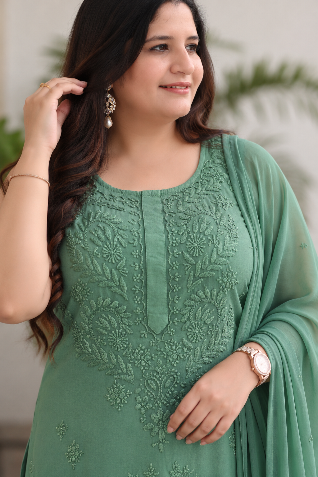 Green Rayon Noodle strap Suit Set-Custom Made