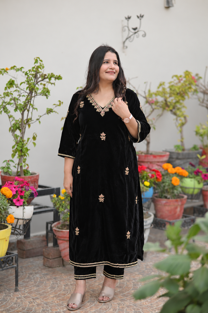 Black Velvet Embroidered Suit Set- custom made