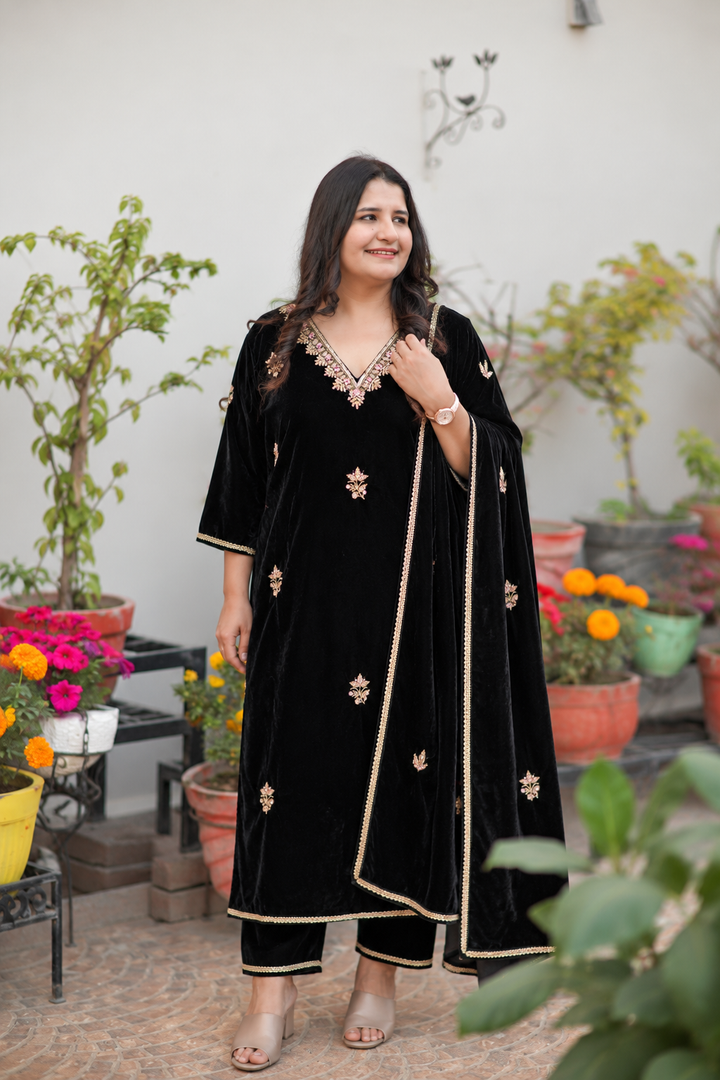 Black Velvet Embroidered Suit Set- custom made
