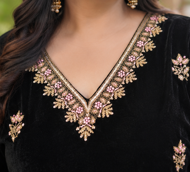Black Velvet Embroidered Suit Set- custom made