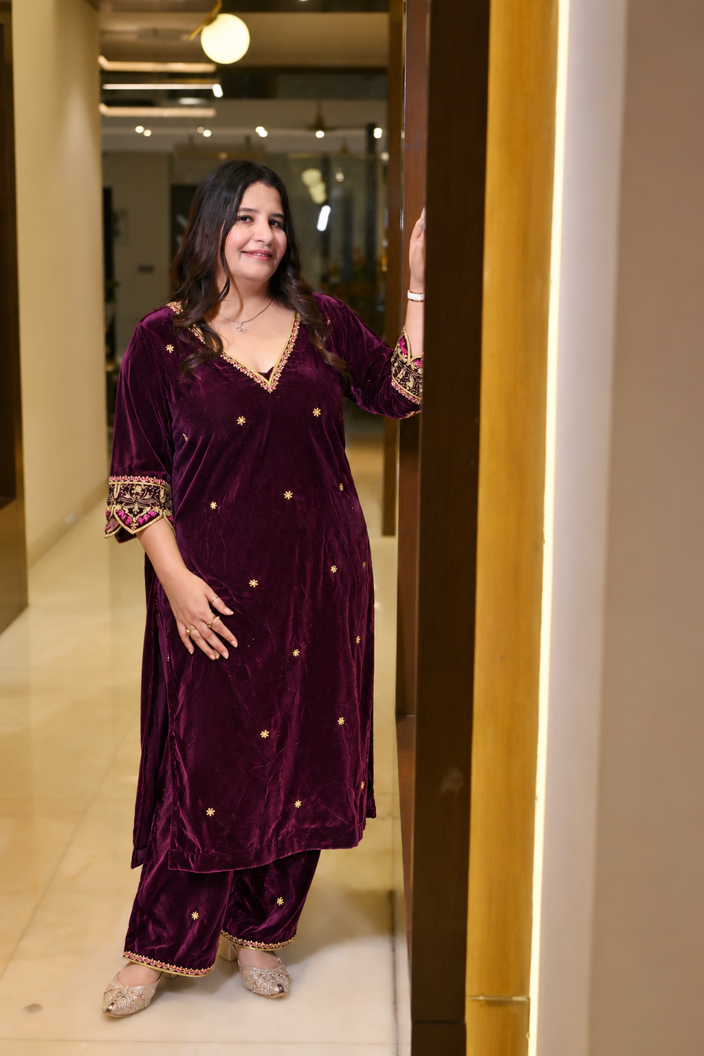 Wine Velvet Embroidered Suit Set- Custom made
