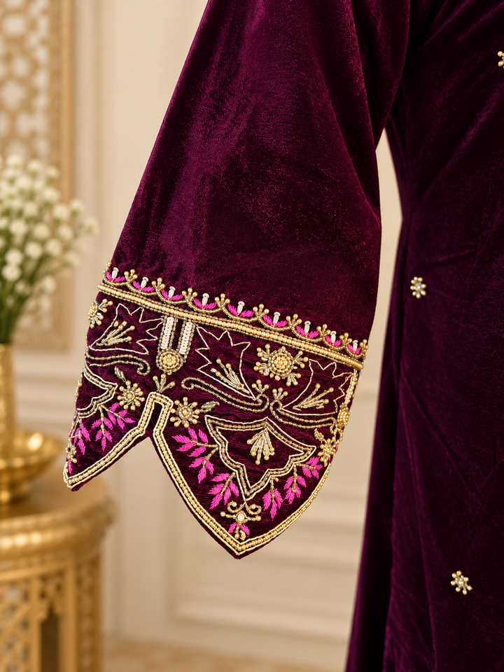 Wine Velvet Embroidered Suit Set- Custom made