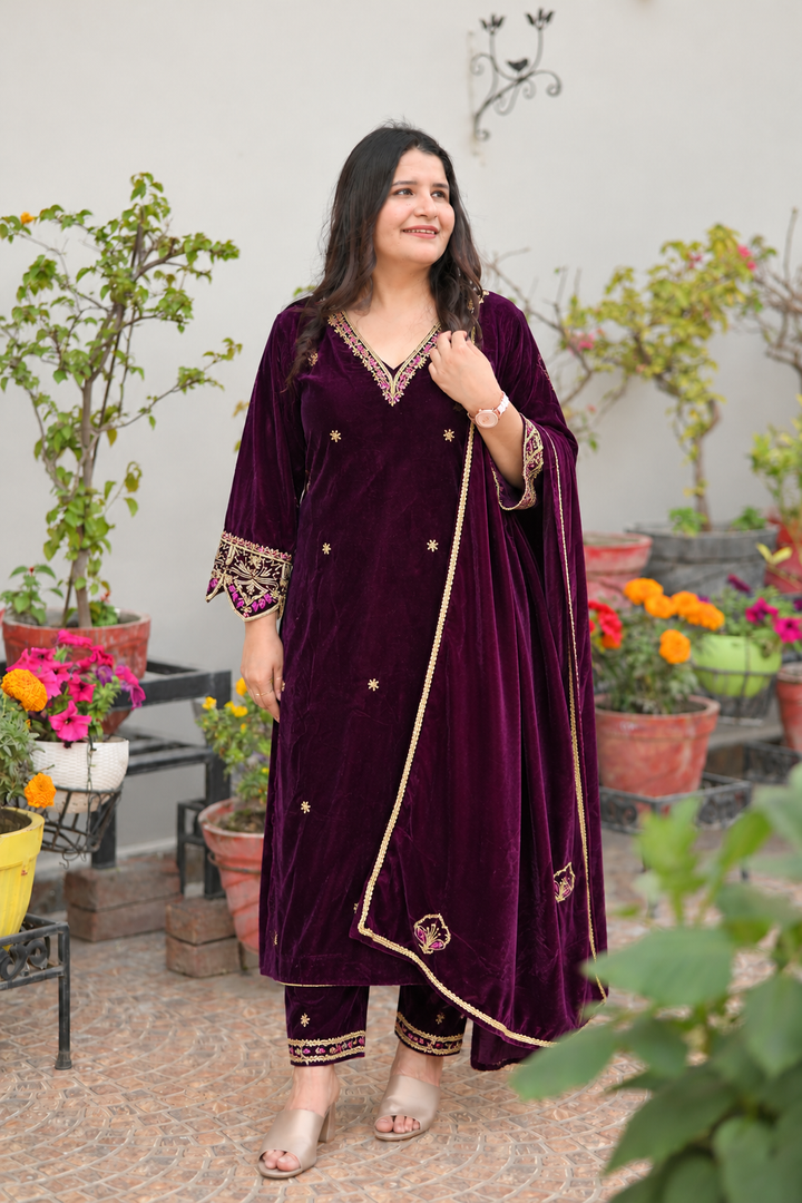 Wine Velvet Embroidered Suit Set- Custom made