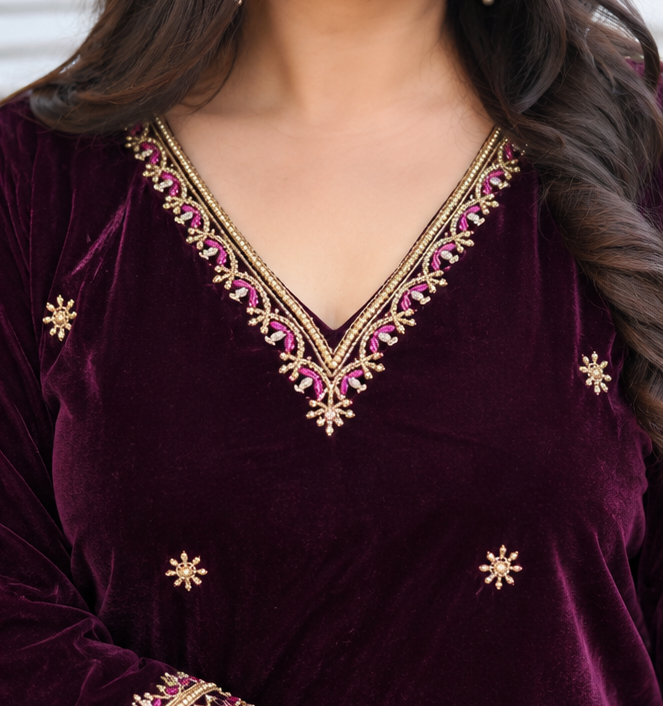 Wine Velvet Embroidered Suit Set- Custom made