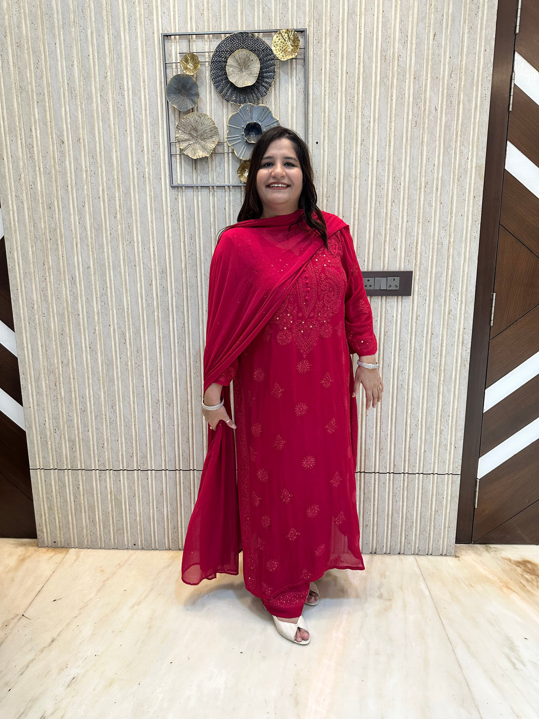 Rani Pink Chikankari Georgette Suit Set-Custom Made