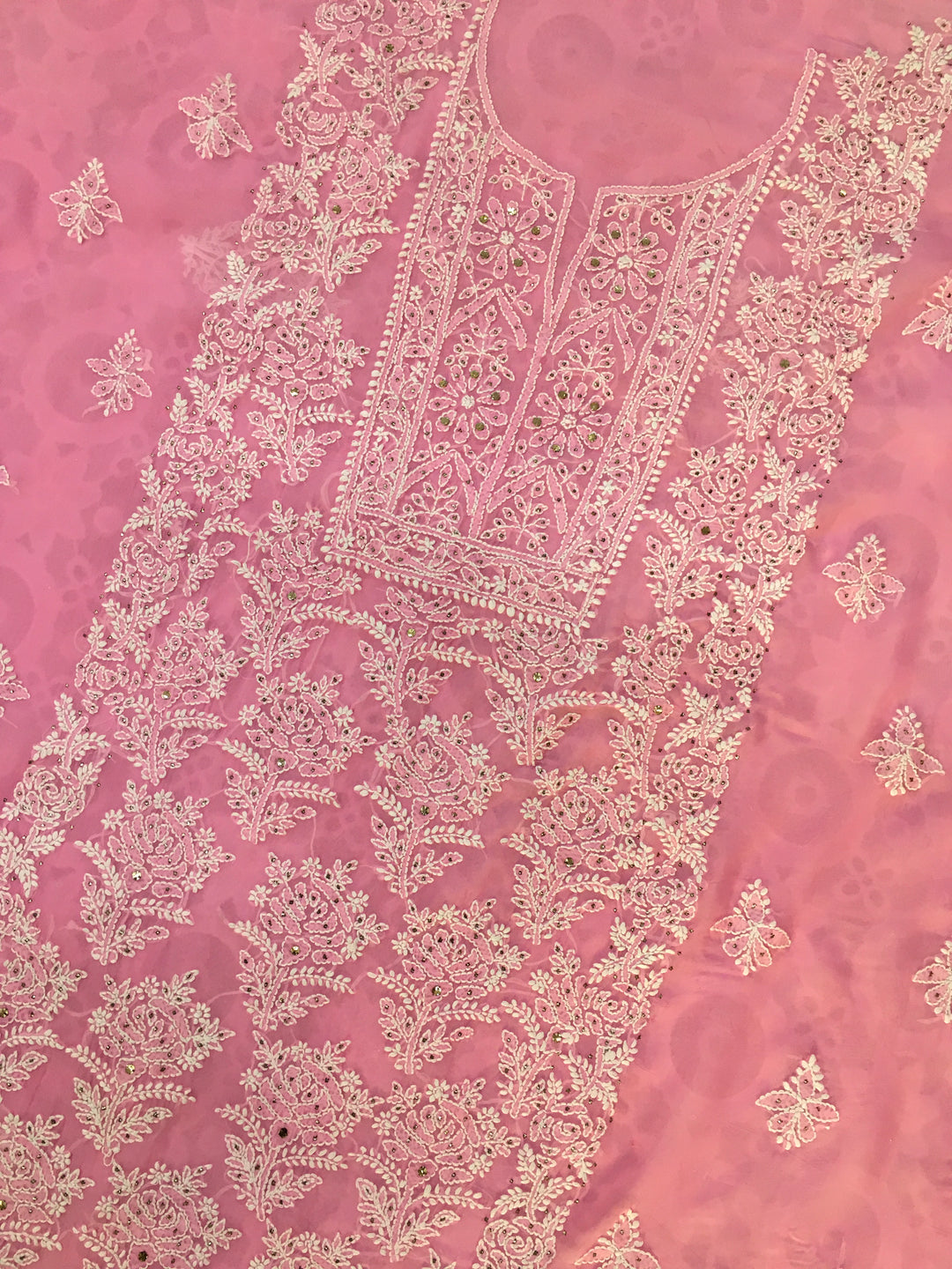 Pink rose organza Chikankari Kurta duppata fabric