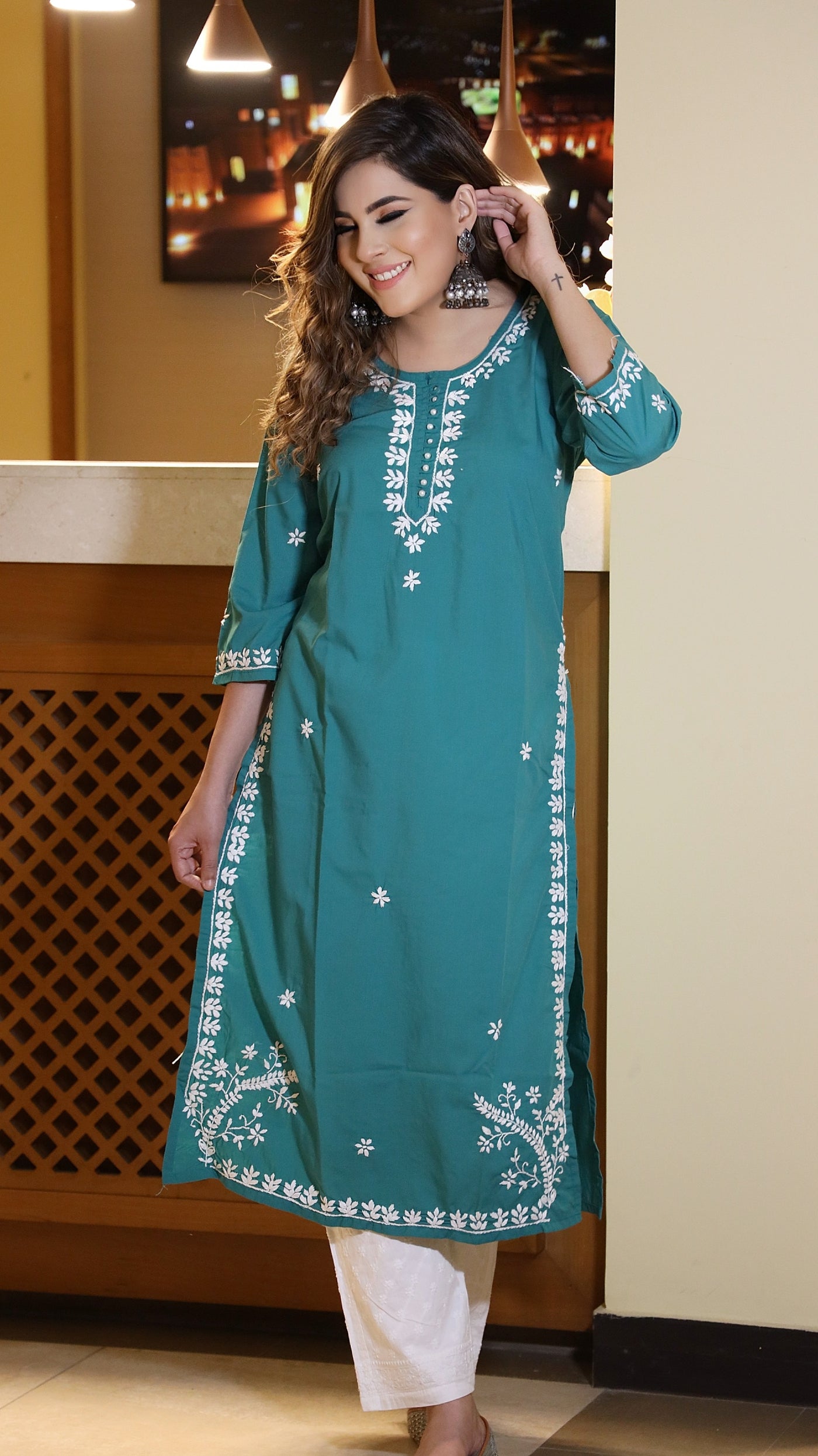 Teal Modal Chikankari kurta