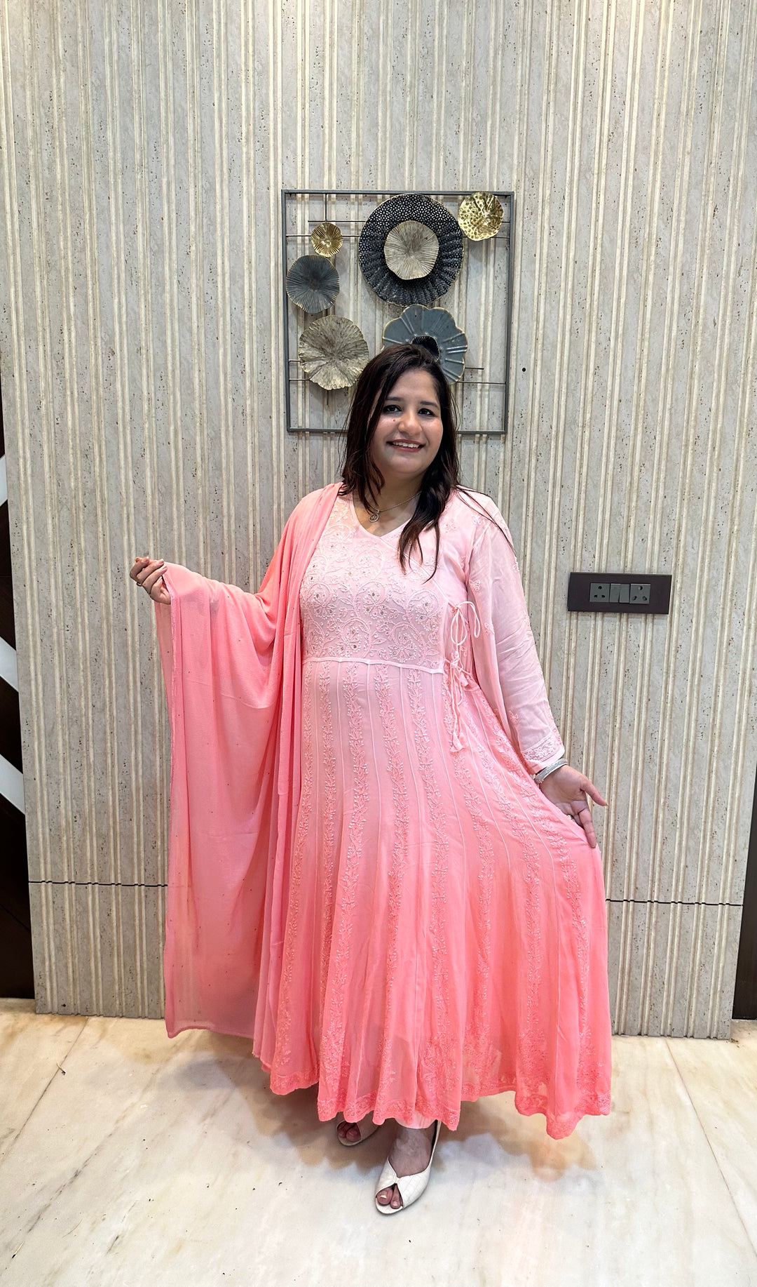 Peach Ombre Chikankari Georgette Anarkali Set-Custom Made