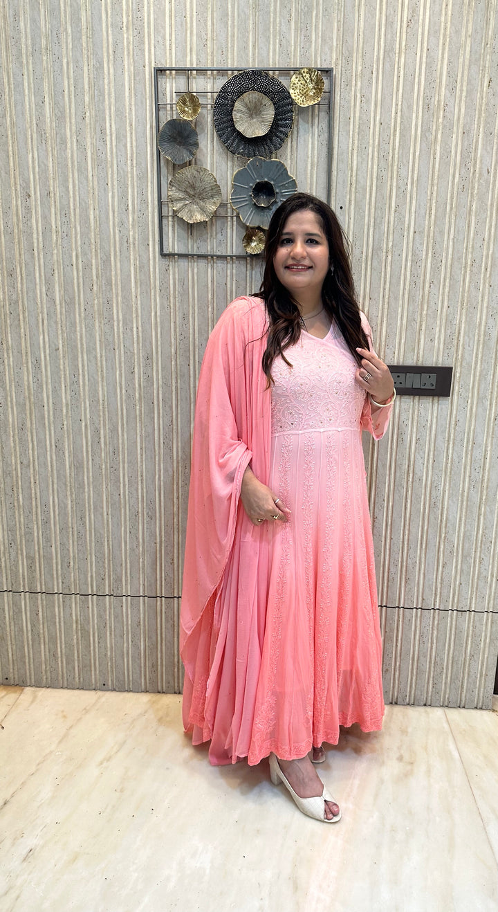 Peach Ombre Chikankari Georgette Anarkali Set-Custom Made