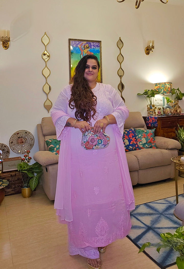 Pink Ombre Pure Georgette Chikankari Kurta-Custom Made