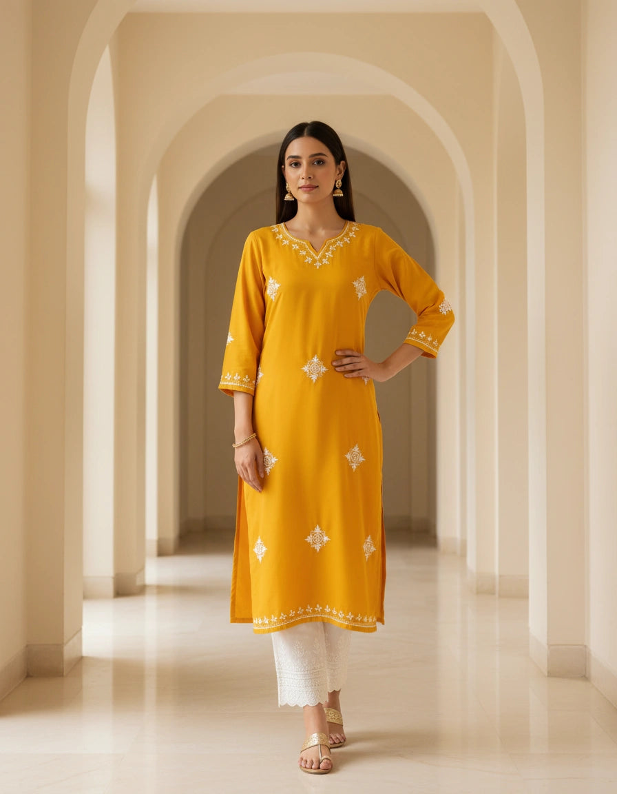 Dark Yellow Modal Chikankari kurta