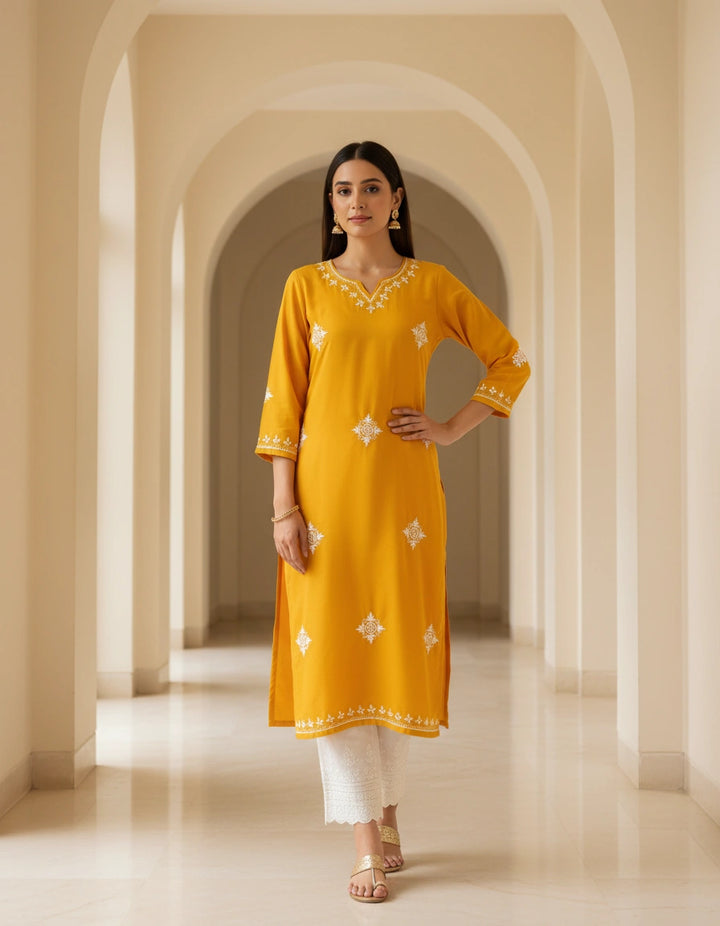 Dark Yellow Modal Chikankari kurta