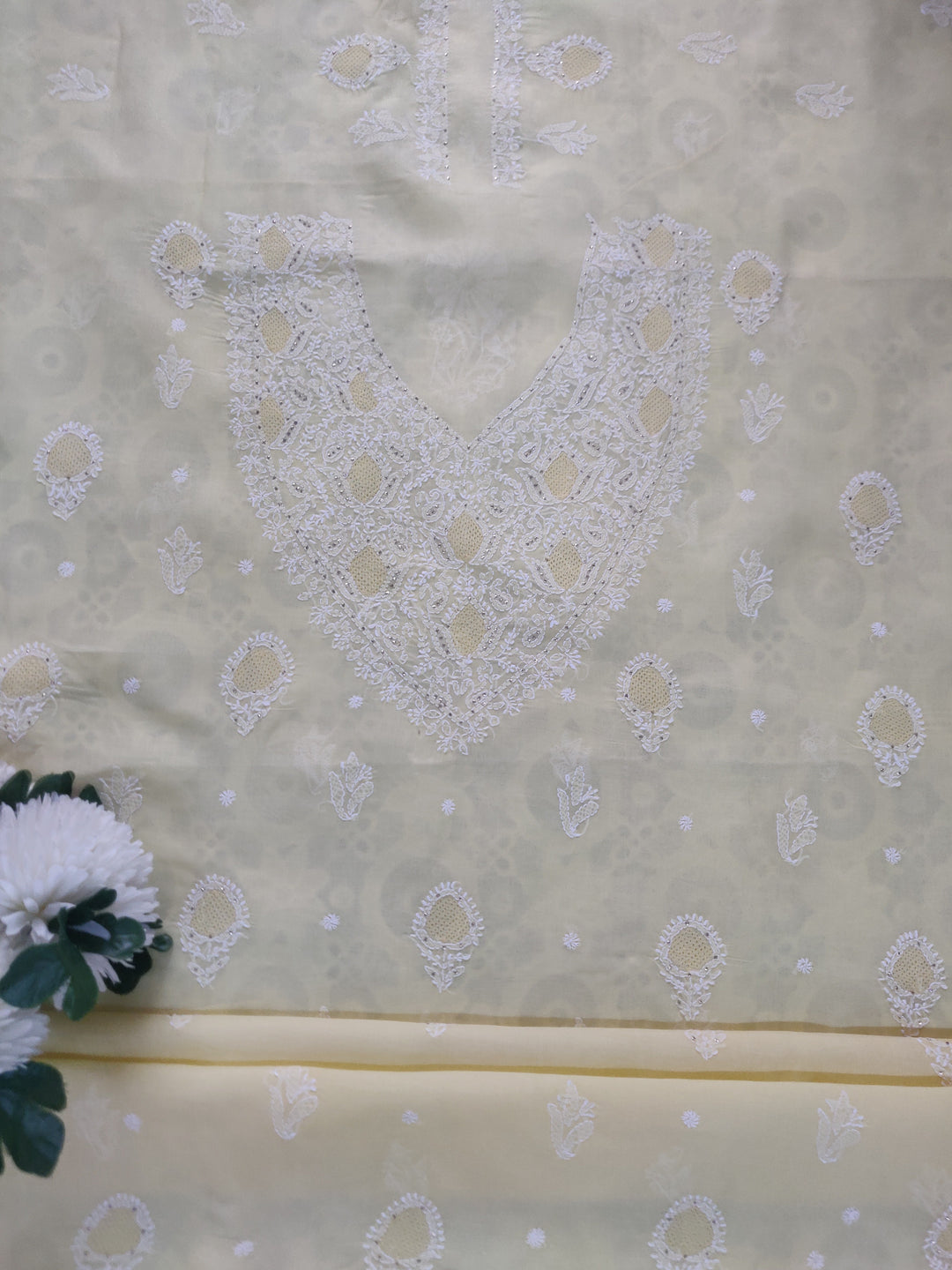 Light Yellow Cotton Chikankari kurta Fabric