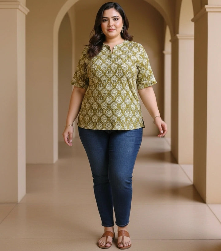 Olive green Printed Cotton Short kurta