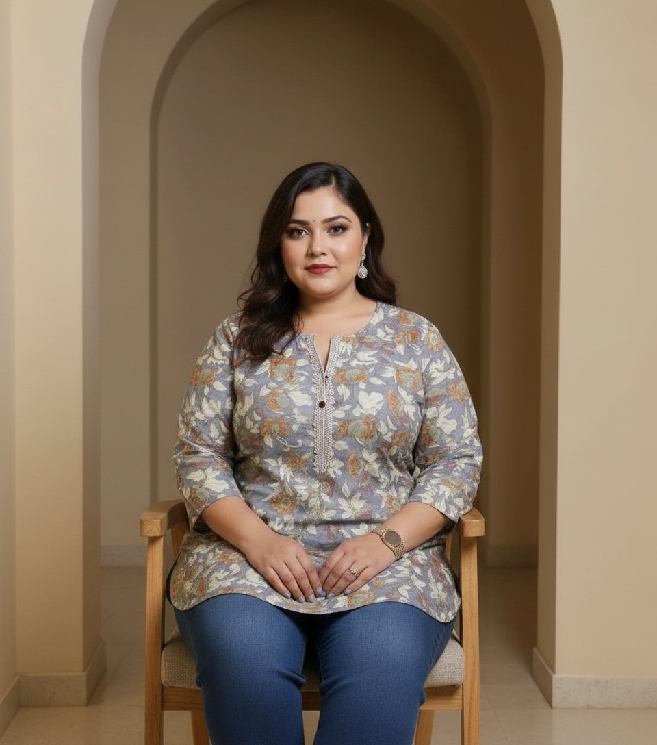 Grey Printed Cotton Short kurta