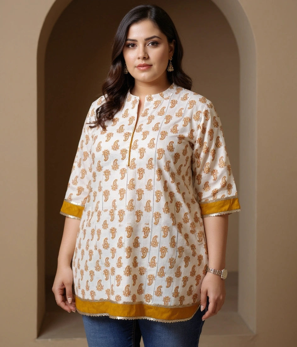White and Mustard Printed Cotton Short kurta