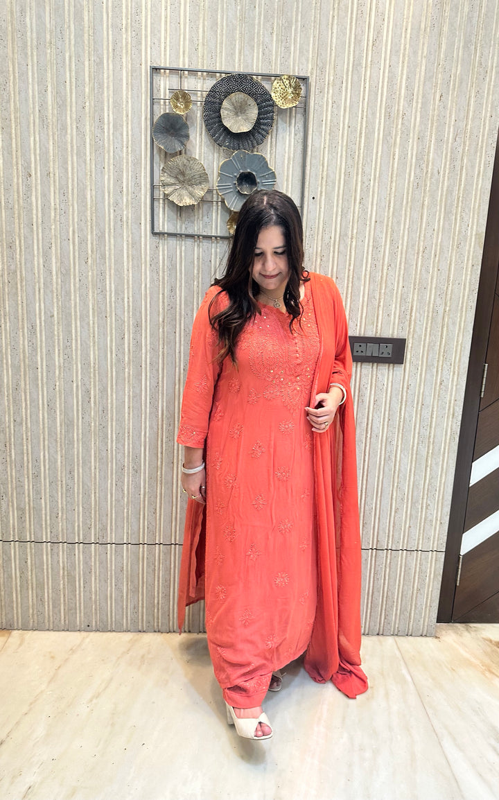 Rust Chikankari Georgette Suit Set-Custom Made