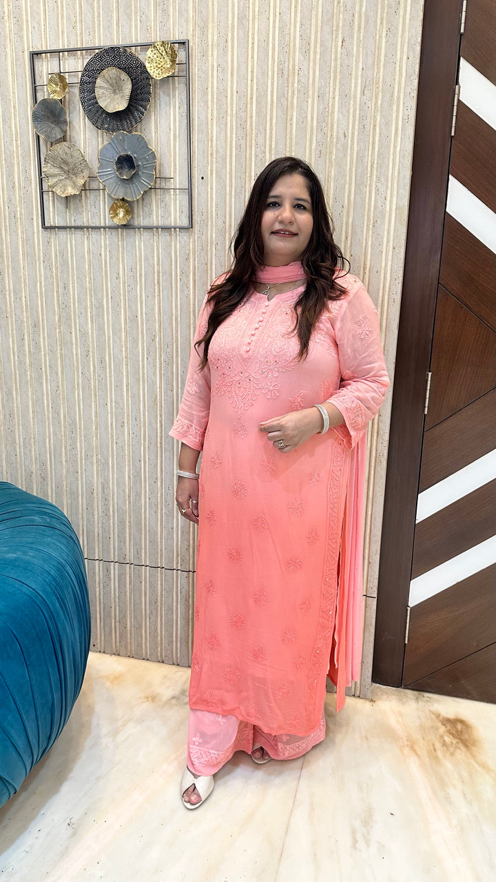 Peach Ombre Chikankari Georgette Anarkali Set-Custom Made