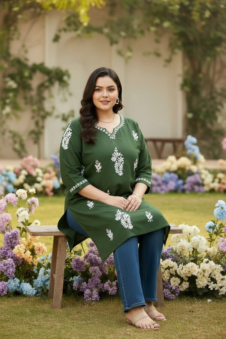 Mehndi Green Rayon Chikankari Short kurta