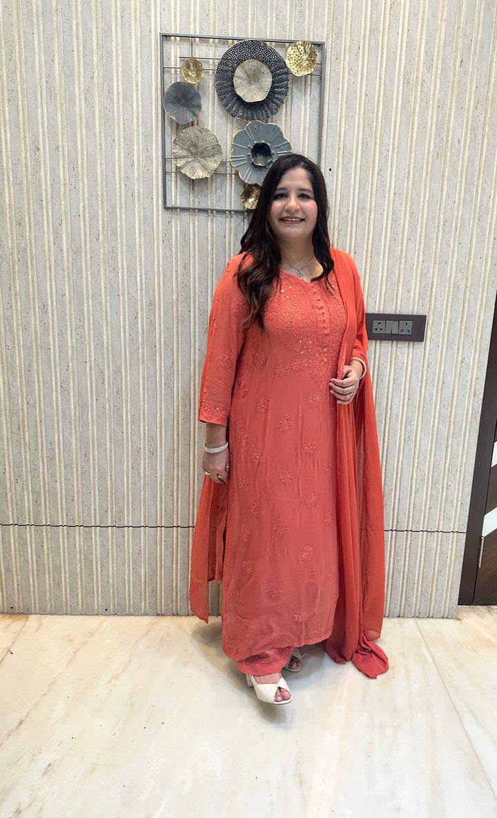 Rust Chikankari Georgette Suit Set-Custom Made