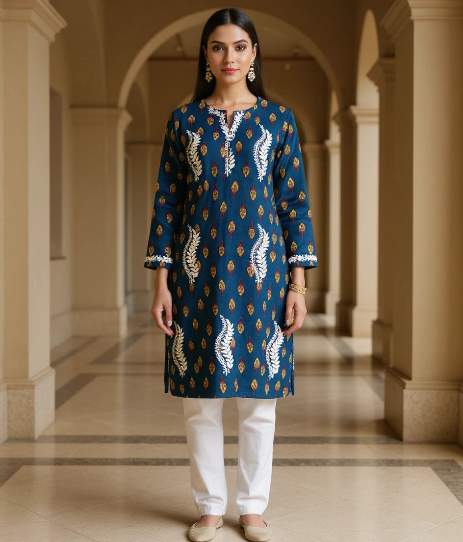 Peacock Blue Cotton Chikankari kurta Kurta