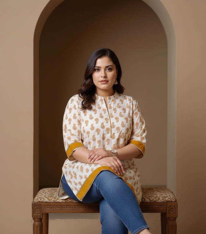 White and Mustard Printed Cotton Short kurta