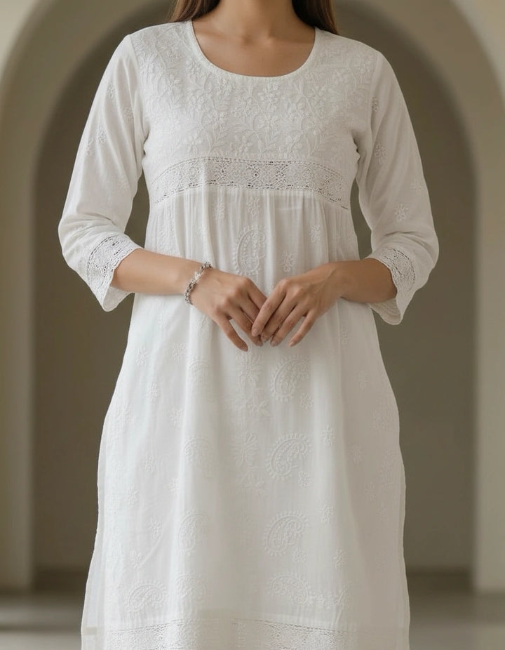 White Cotton Chikankari Short kurta
