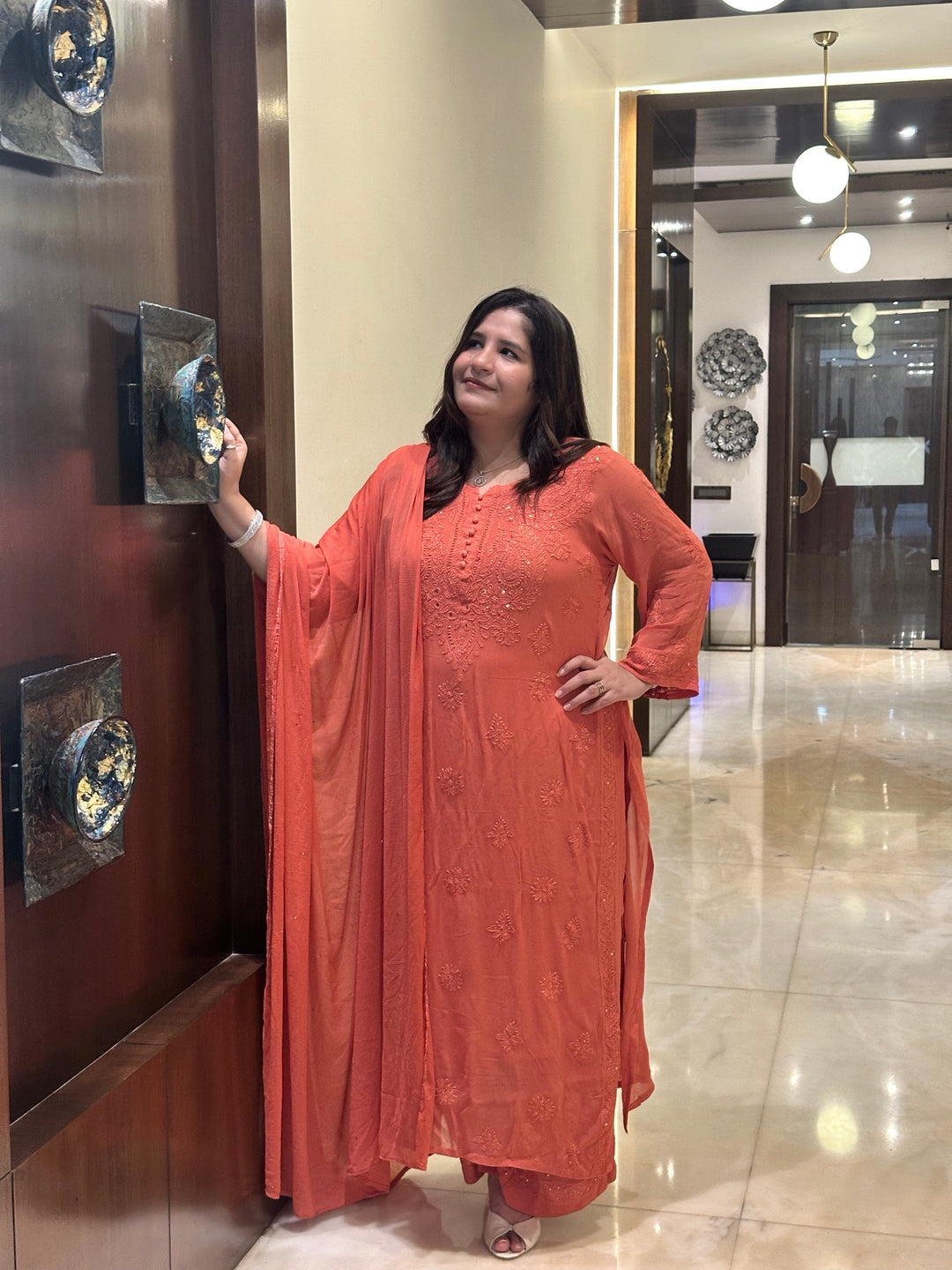 Rust Chikankari Georgette Suit Set-Custom Made