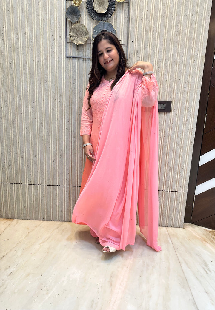 Peach ombre Chikankari Georgette Suit Set-Custom Made