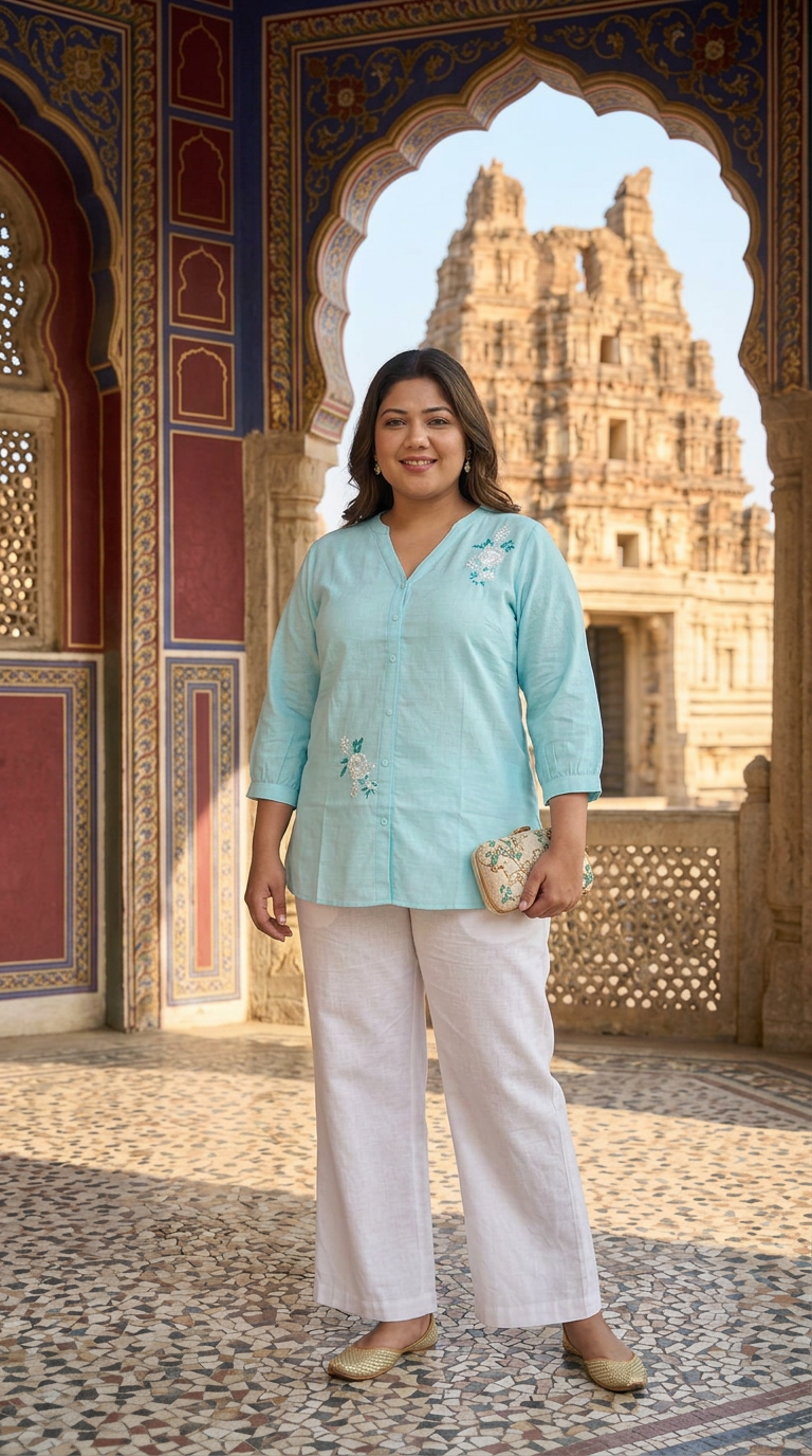 Sky Blue Cotton Chikankari Short Kurta-Custom Made