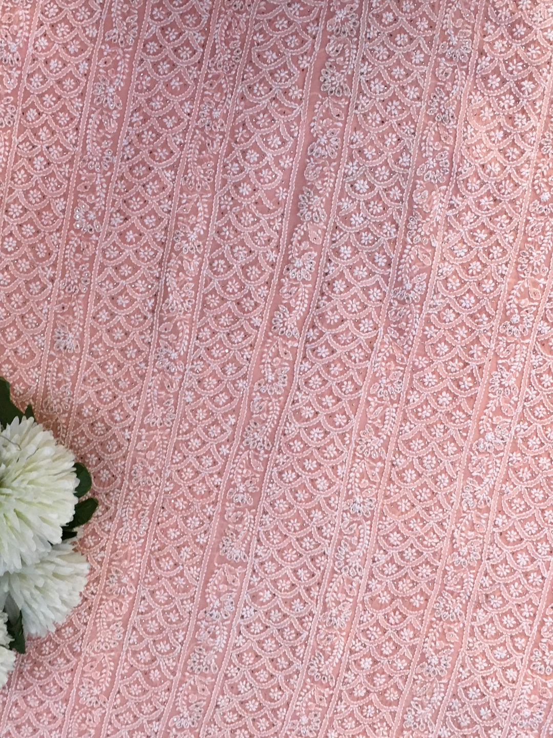 Peach Organza Chikankari Kurta Duppata fabric