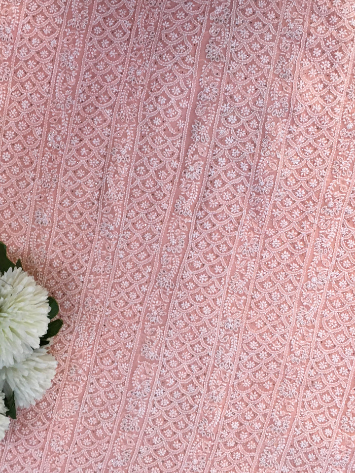 Peach Organza Chikankari Kurta Duppata fabric