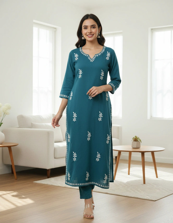 Peacock Blue Rayon Chikankari Short kurta