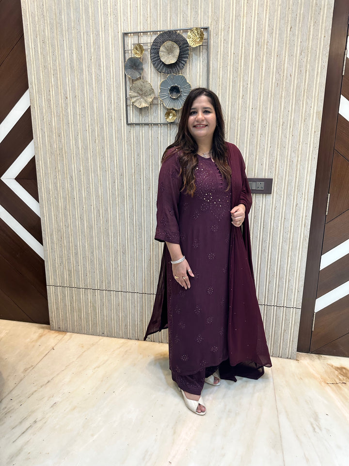 Wine Chikankari Georgette Suit Set-Custom Made