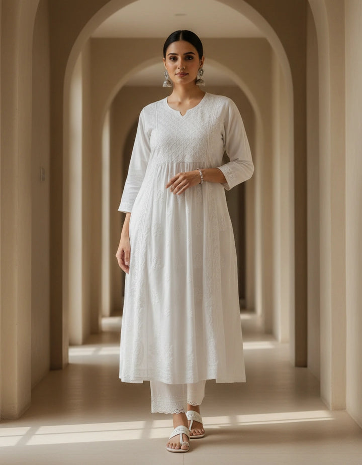 White Chanderi Chikankari A-line kurta