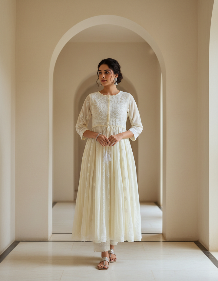 Lime yellow Pure Georgette Chikankari Anarkali