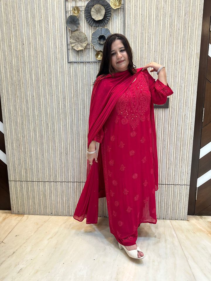 Rani Pink Chikankari Georgette Suit Set-Custom Made